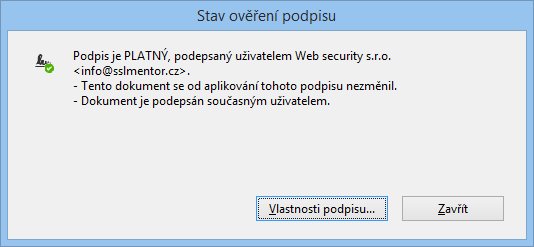 Acrobat Reader DC - Podpis je PLATNÝ