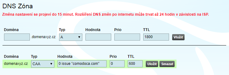 Vložení CAA záznamů do DNS