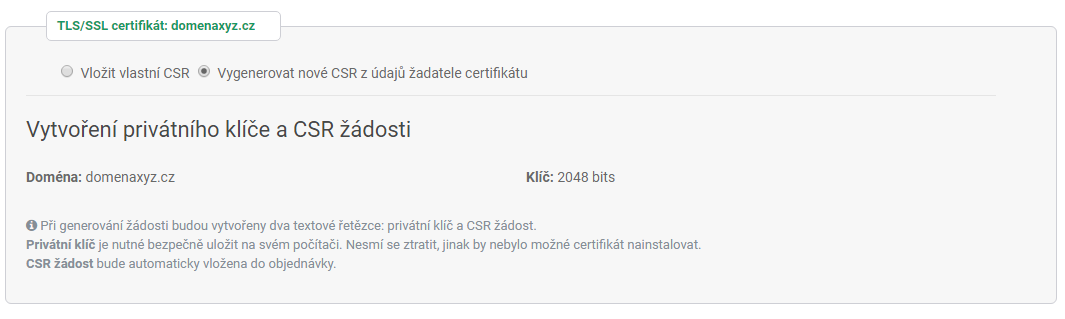 Vygenerovat nové CSR z údajů žadatele certifikátu