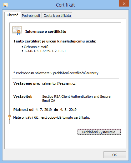 Zobrazení Osobního certifikátu - Windows