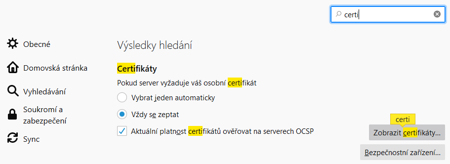 Správce certifikátů FireFox