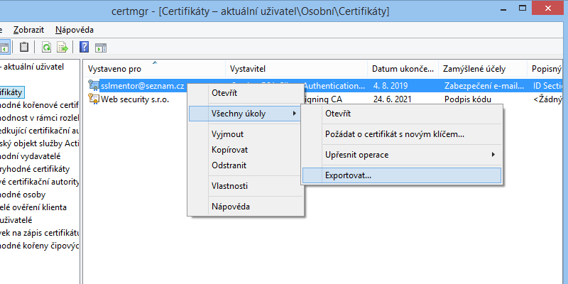 Export certifikátu