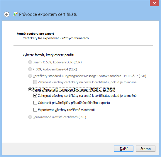 Volba formátu pro export - PFX