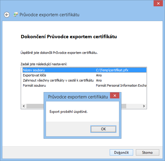 Dokončení průvodce exportem certifikátu
