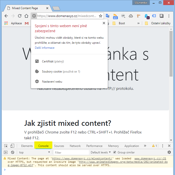 Chrome - upozornění na Mixed Content